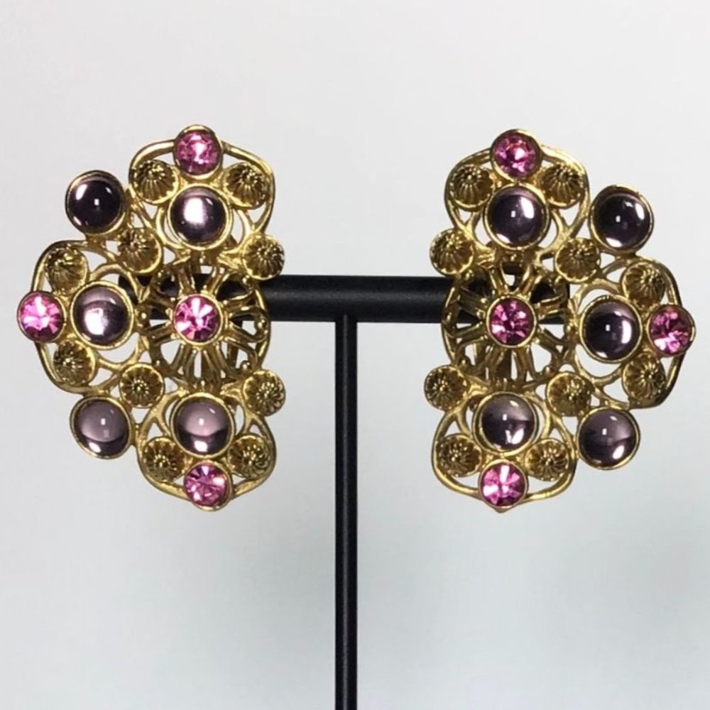 Vintage Jose Barrera for Avon Marbella Gold Pink Rhinestone Clip-on Earrings